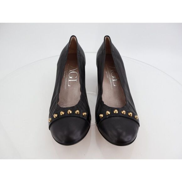 AGL Studded Leather Pump Block Heel Pointed Toe Size 42 12 Slip On Shoes Career - Picture 4 of 13